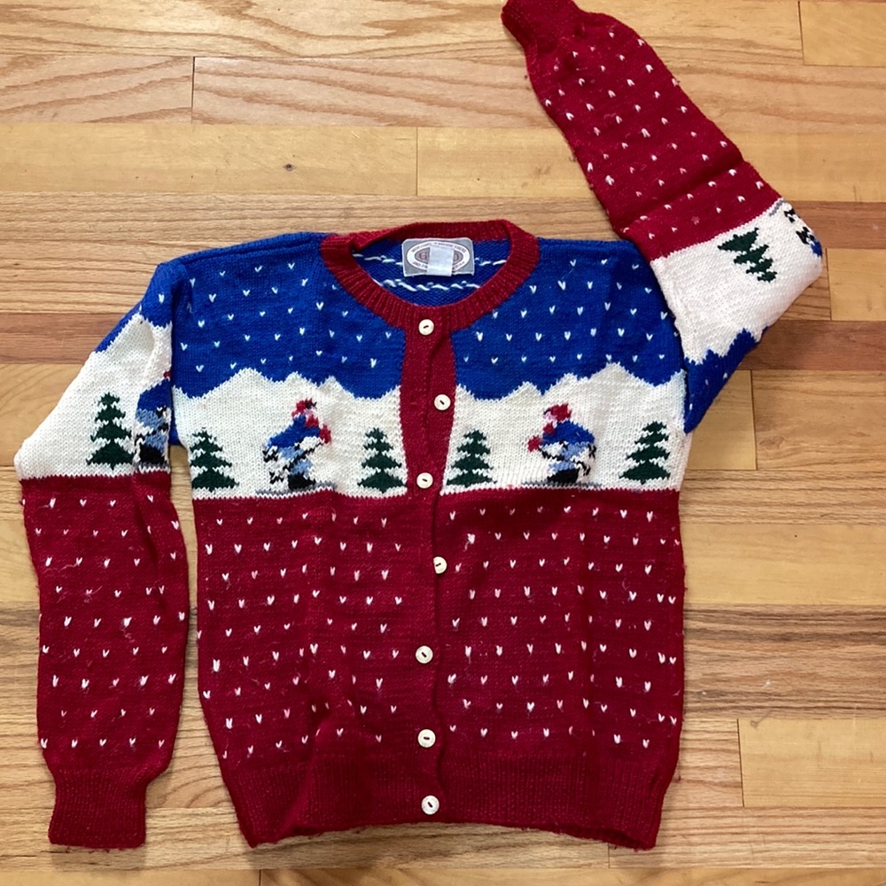 Gusto Ski motif Hand Knitted Cardigan, Size M 100% Pure Virgin Wool, Beautiful!